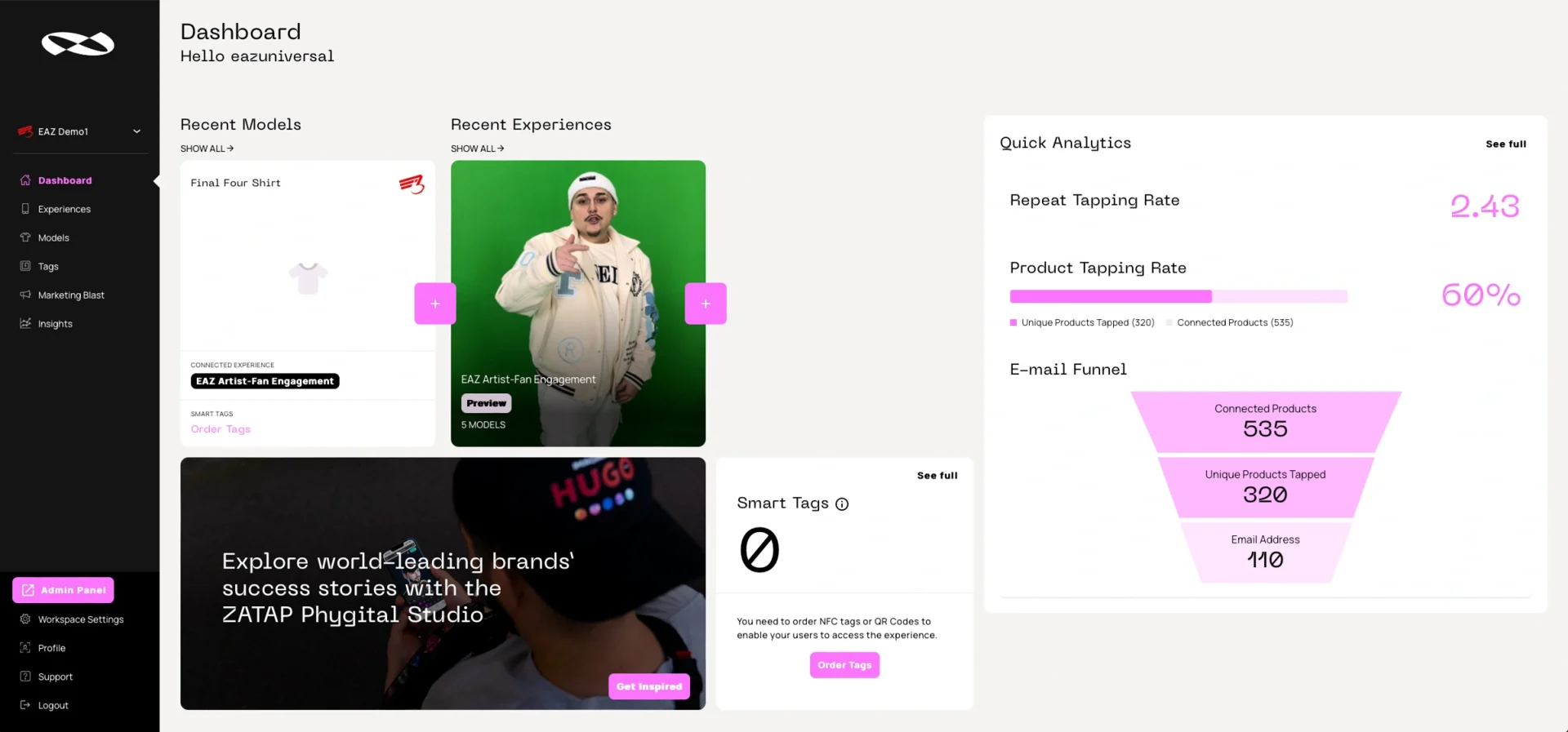 dashboard page of Phygital Studio