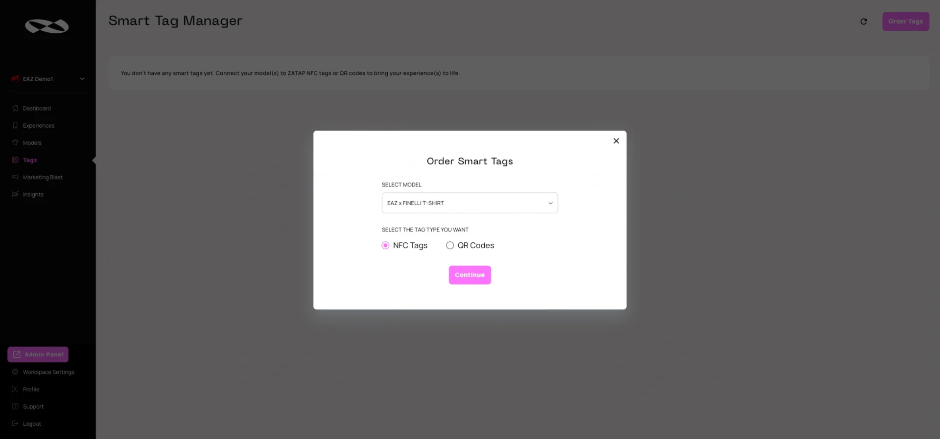 Screenshot of ordering NFC tags for the experience