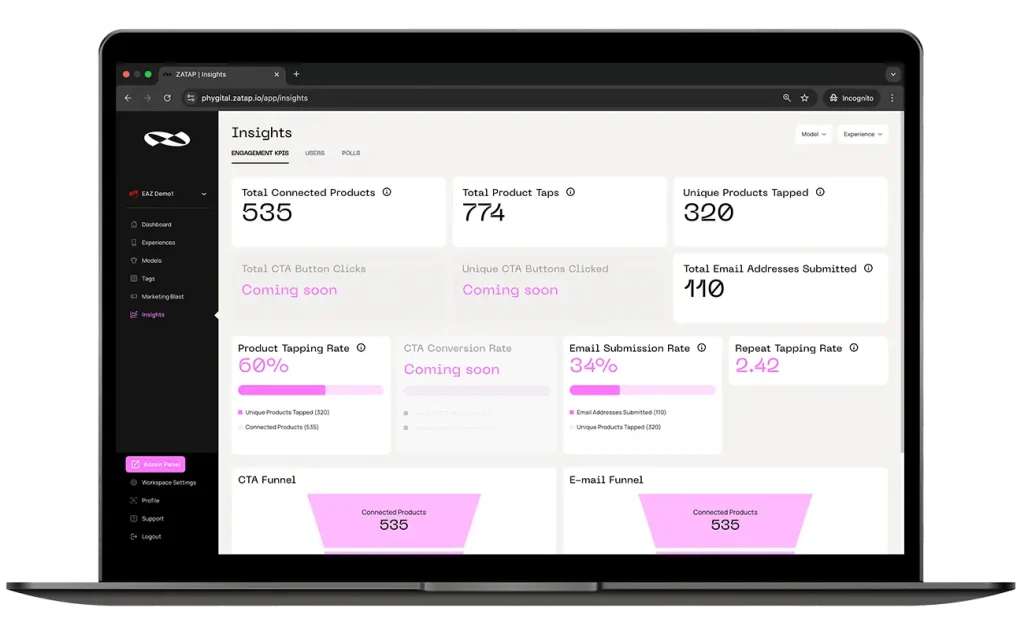 analytics page of ZATAP's Phygital Studio 
