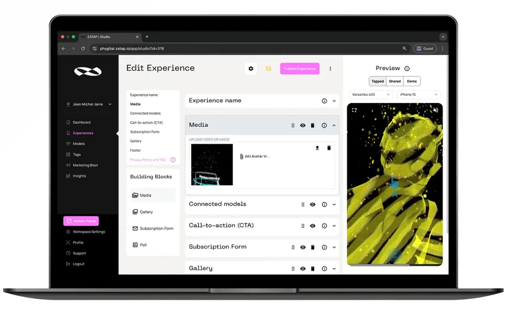 laptop with opened phygital studio to edit Jean-Michel Jarre experience